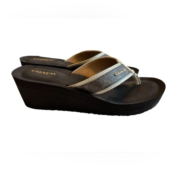 Coach Women’s Size 9 Wedge Sandals Brown/ Tan and Gold Signature C - Picture 5 of 12
